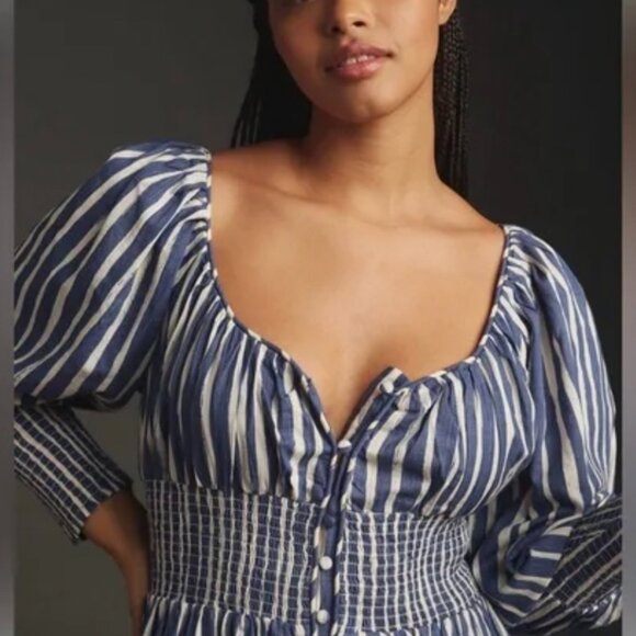 Anthropologie Long-Sleeve Sweetheart Midi Dress Style in Blue Motif, size XL - Picture 2 of 8